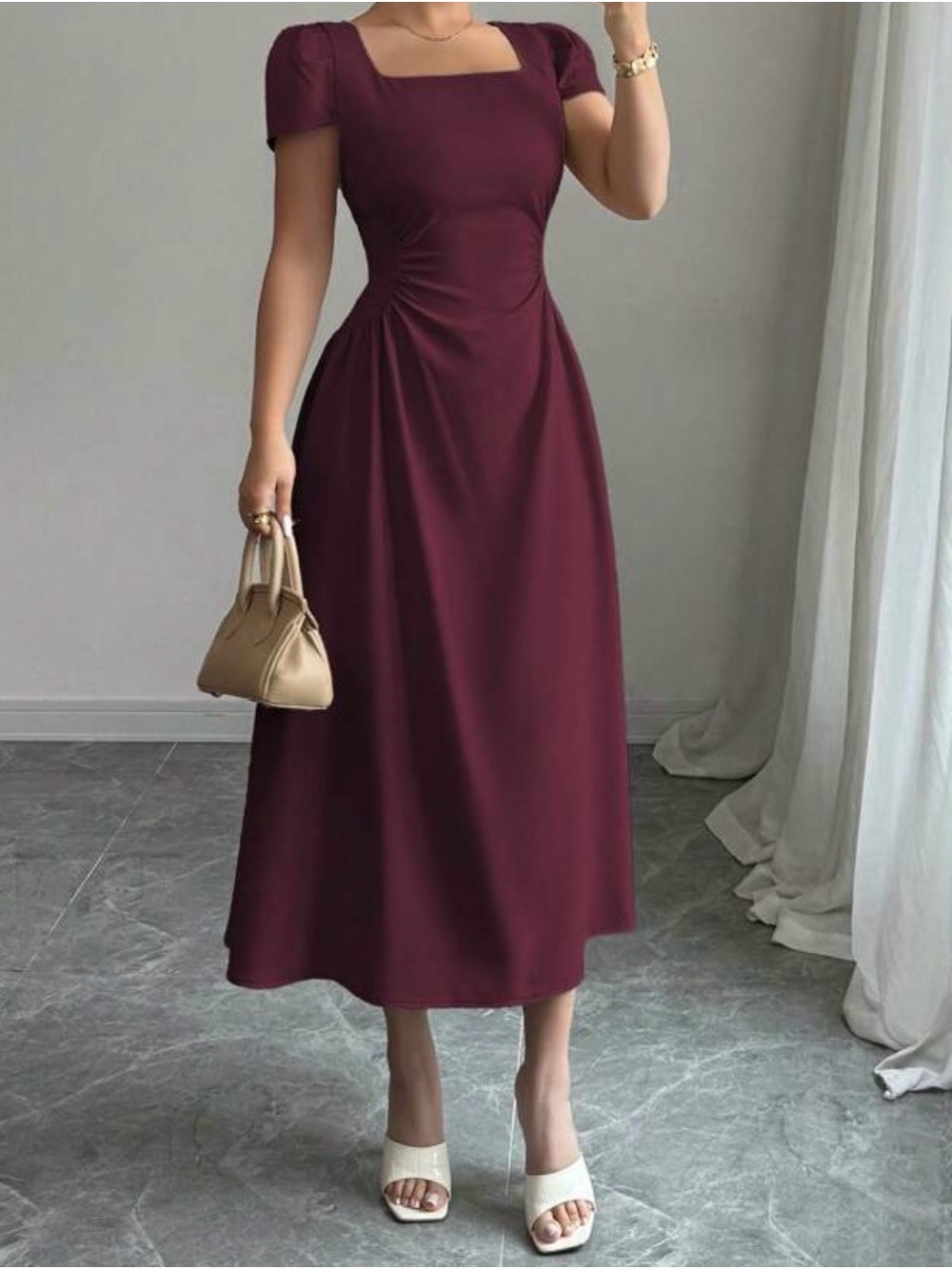 Elegant Square-Neck Midi Dress in Burgundy